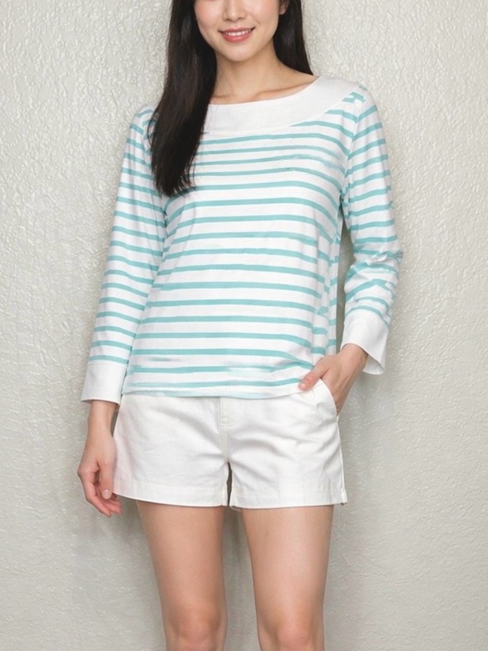 St. James Breton Stripe Boat Neck Top White Aqua 3/4 Sleeve Nautical Top 14 / L